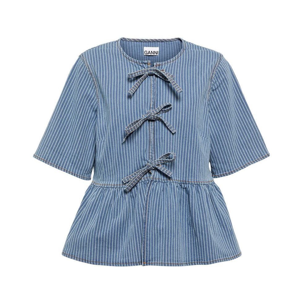 Striped Bow-Trimmed Peplum Denim Blouse