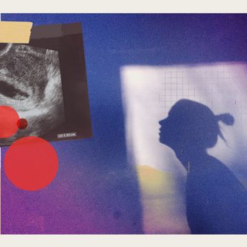 a collage featuring the silhouette of a woman, an ultrasound, and a few red circles