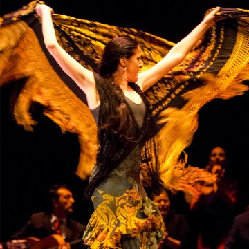 a collage of a woman flamenco dancing, tortilla, el retiro park, and a yellow cocktail