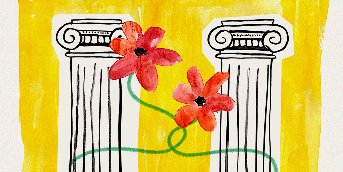 greek pillars with two flowers intertwining
