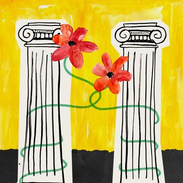 greek pillars with two flowers intertwining