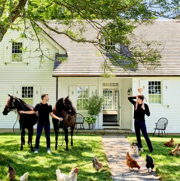 arnhold and gordon, holding the couple’s son, henry, look on amid the family’s horses and brood of chickens